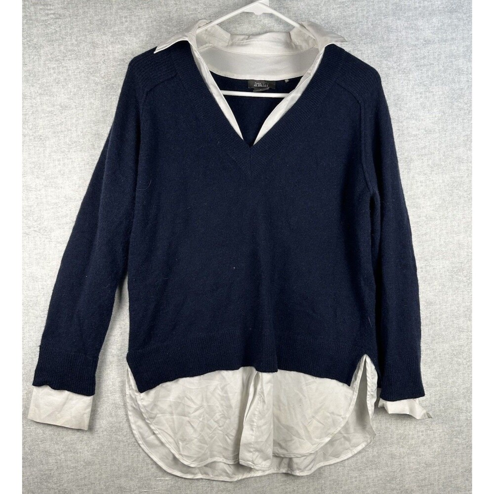 Pure Amici 100% Cashmere Sweater Size Small Navy Blue Mixed Media Uniform Luxury
